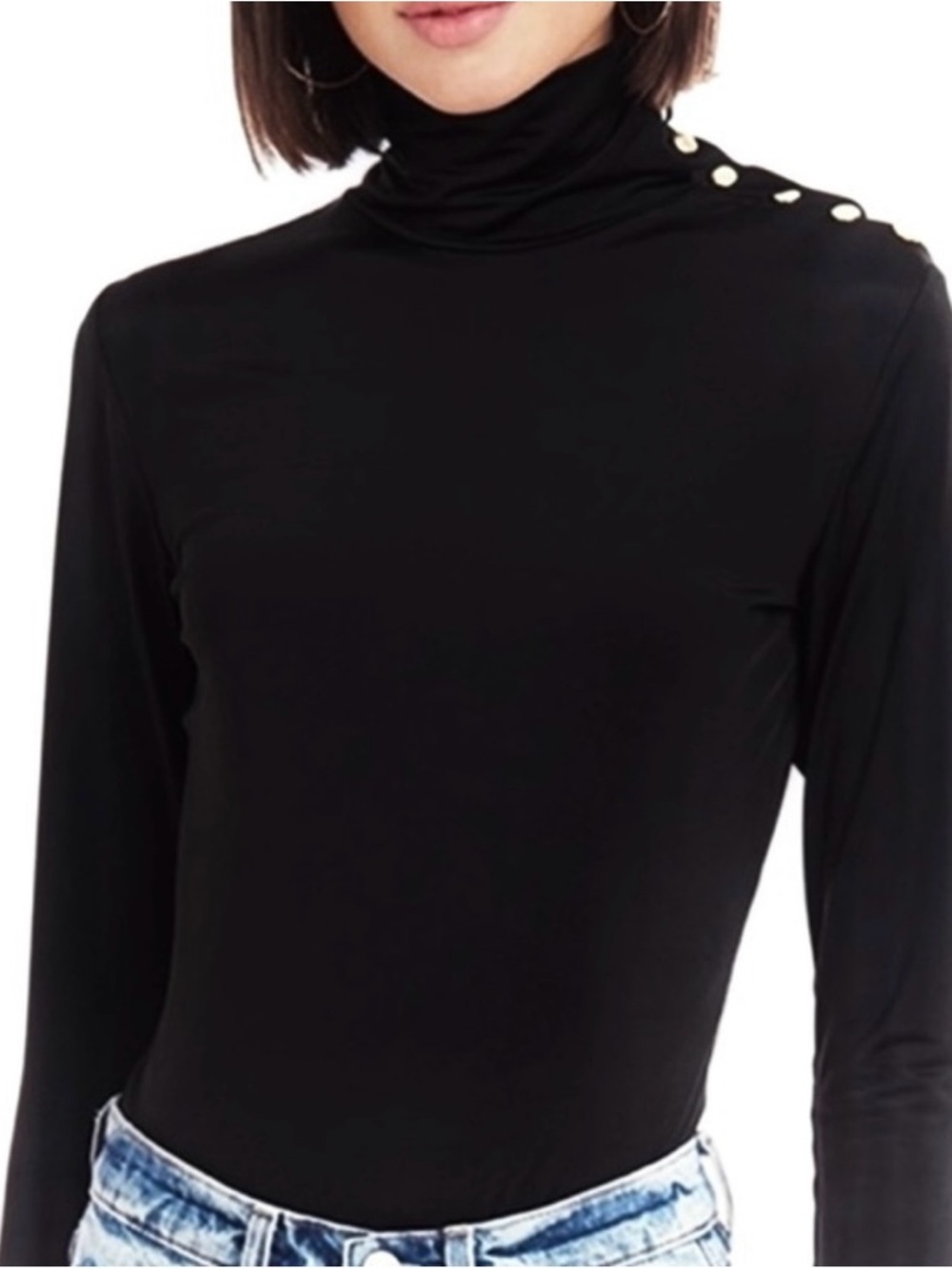 Amanda Uprichard Black Long-Sleeve Turtleneck Top with Shoulder Buttons
